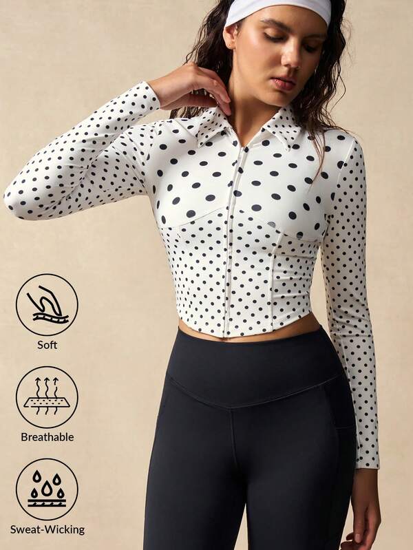 VARSIVA 女式休闲波尔卡圆点印花拉链长袖运动夹克，秋季