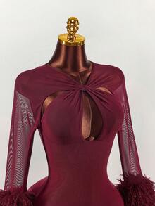 Amplova Váy ngắn hở ngực phối lưới lông màu đỏ rượu vang dành cho nữ, dự tiệc - Màu Đỏ Sâu - Xem 5