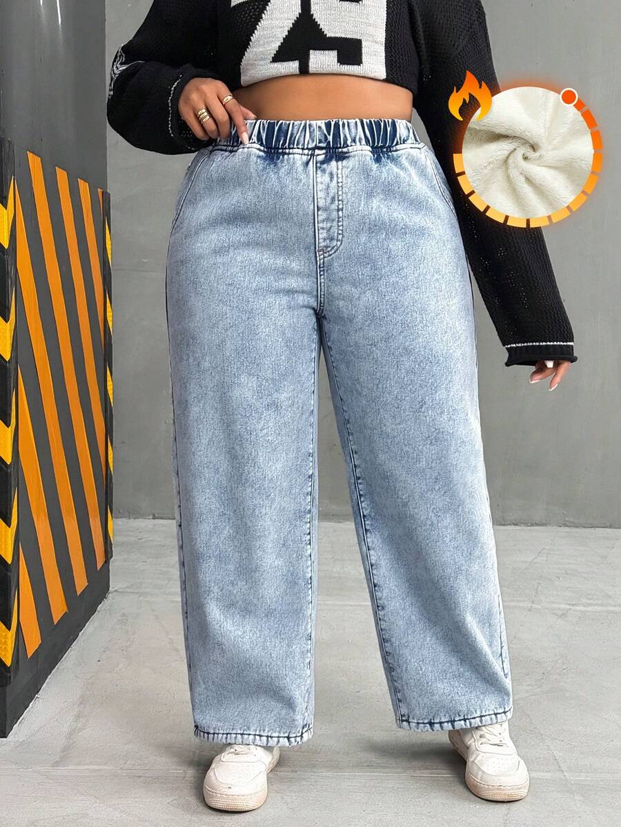 SHEIN ICON 冬季加大码女式时尚水洗浅蓝色宽松直筒牛仔裤 - 淺色水洗藍 - 查看 1