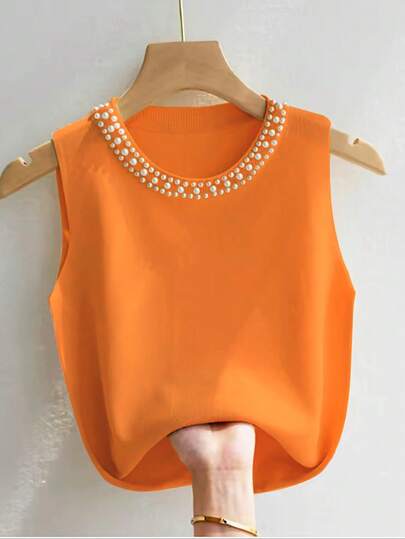 INAWLY Women Plus Size Solid Color Faux Pearl Decor Round Neck Orange Sweater Vest, Orange Top, Daily Wear Winter Fall Autumn