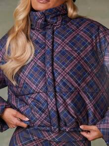 Athîral 女士菱形图案拉链高领长袖夹棉大衣 - 藏蓝色 - 查看 2