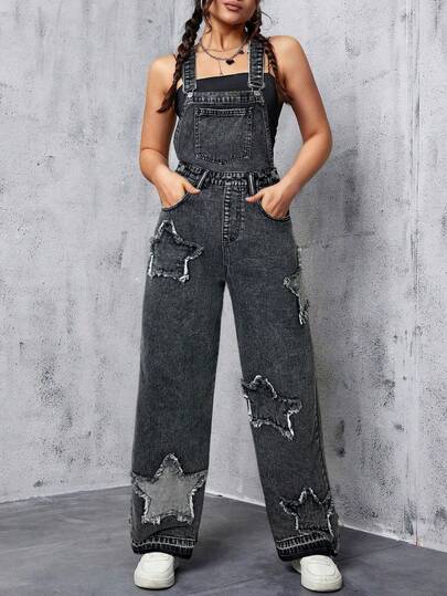 SHEIN 少女磨边星星拼接灰色牛仔宽松工装裤