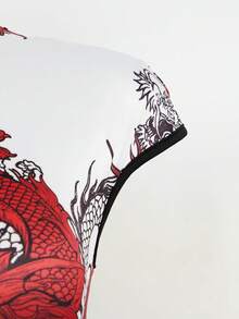 Mistrie 女士中国龙印花纽扣镂空短袖修身连衣裙 - 紅白色 - 查看 6