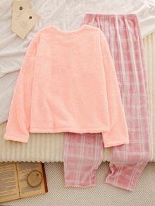 2pcs Merry Christmas Teen GirlPajama Set, Featuring Plush Powder Pink Long Sleeve Top And Pink Plaid Pants, Vibrant Print Stretchy Soft Fabric, Machine Washable Comfortable Matching Outfits (Sold Separately) Pajama Set Teen - Multicolor - View 2