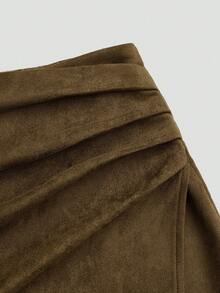 Sweetra Váy ngắn lông xù màu nâu cỡ lớn xếp ly bất đối xứng trang trí khóa kéo phía sau bằng da lộn, phong cách tối giản đi làm, mùa thu/đông - Màu Khaki - Xem 7