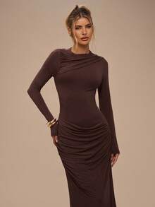 SHEIN BAE 纯色长袖露背系带褶饰优雅连衣裙，适合秋冬季，伴娘服，生日礼服，正式场合礼服，日常穿着 - 棕色 - 查看 2