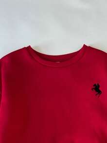 SHEIN 女童服装纯红色圆领刺绣运动衫搭配格子百褶裙女童两件套，红色格子裙套装，圣诞裙套装 - 紅色 - 查看 12