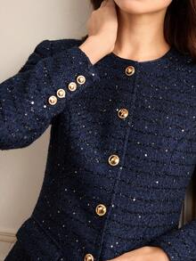 Lilora Women's Elegant Commuter Sequin Tweed Jacket For New Year - Blue - View 2
