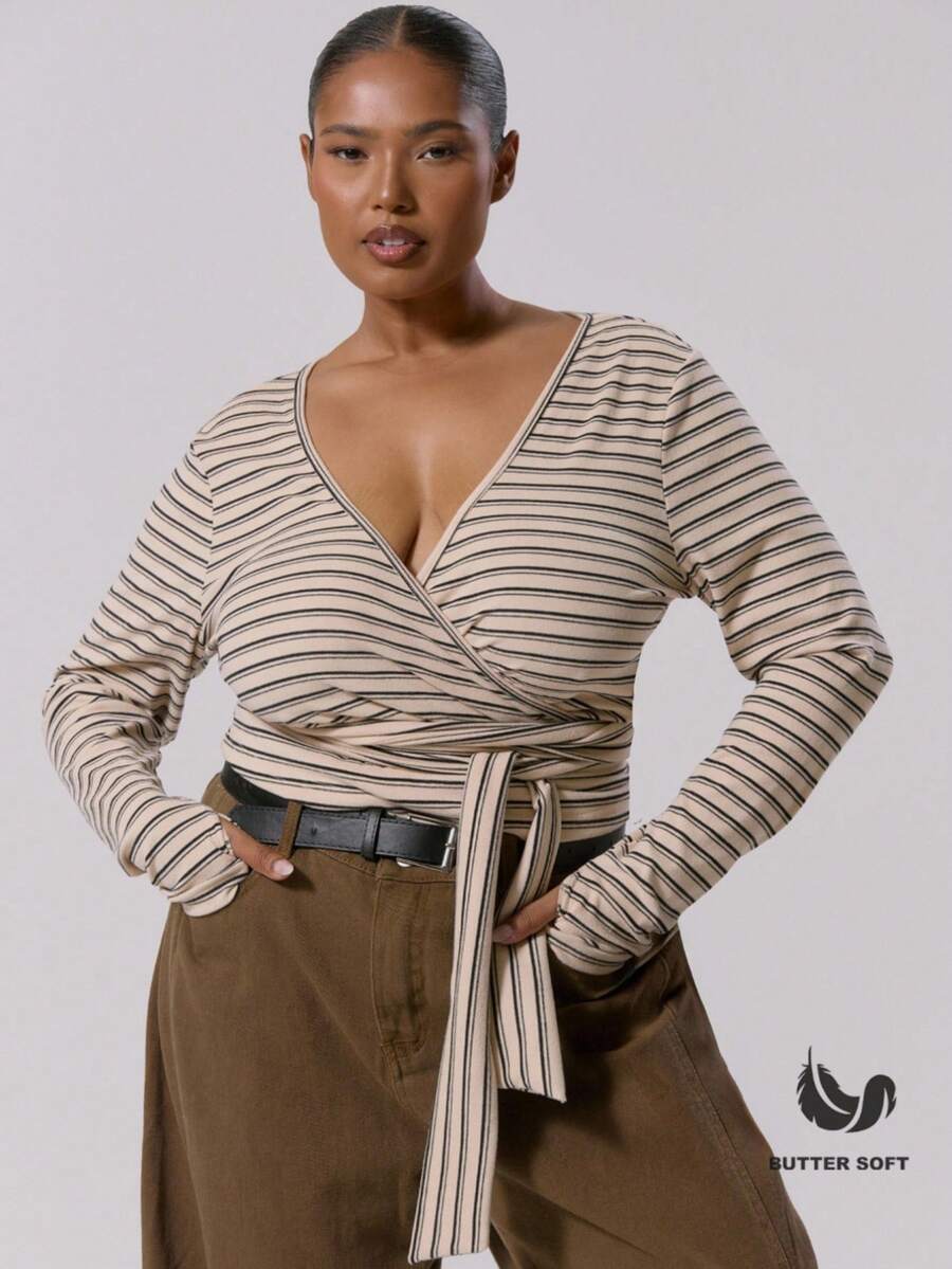 MUSERA Top à manches longues avec enroulement et décolleté plongeant, grande taille. Automne, hiver, mignon, quotidien, décontracté, club café courbe automne hiver automne Noël