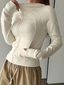 DAZY Women Solid Color Hoodie Jacket With Pockets, Long Sleeve,Long Sleeve Tops,Fall Clothes Sweatshirt Jacket Zip Up - White - View 4