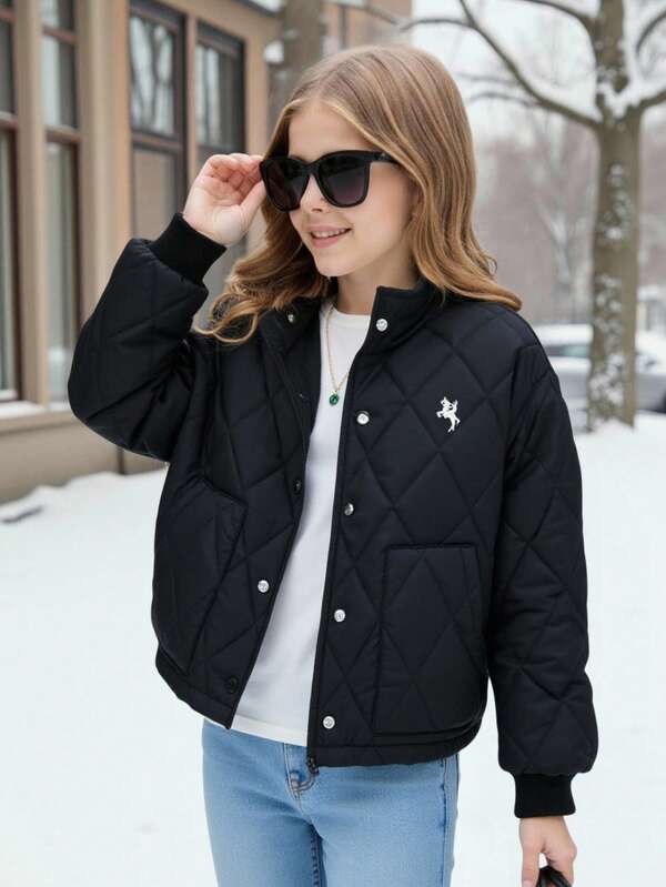 SHEIN 1pc Girls' Quilted Stand Collar Embroidered Casual Winter Jacket
