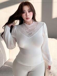 Dazy Plus Plus Size Women Contrast Lace Elastic Tight Fitted Cropped White Long Sleeve T-Shirt - White - View 6