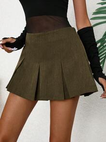 EMERY ROSE Women's Solid Color Pleated A-Line Skirt, Casual & Versatile - Army Green - View 6