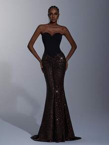 Elitara 优雅、浪漫、性感、时尚、简约、黑色、亮片拼接、弹性面料、节日、度假、生日、派对、婚礼活动、正式晚宴礼服 - 黑色 - 查看 2