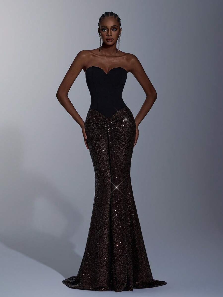 Elitara 优雅、浪漫、性感、时尚、简约、黑色、亮片拼接、弹性面料、节日、度假、生日、派对、婚礼活动、正式晚宴礼服