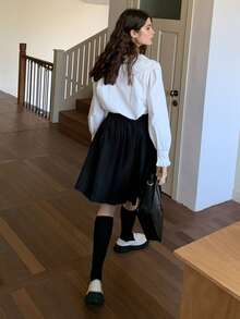 DAZY 少女纯色百褶休闲迷你裙 - 黑色 - 查看 9