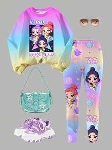 Sparklyn 2pcs/Set KPOP Graphic Print Top, Tween Girl Crew Neck Sweatshirt And Leggings Set, Fashionable Casual, Suitable For Autumn/Winter - Multicolor - View 2