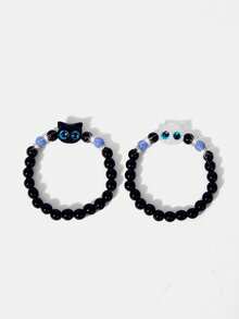 Y2Kool 2pcs Cute Big Eyes Cat Luminous Bracelet, Suitable Gift For Couples, Friends - Black and White - View 5