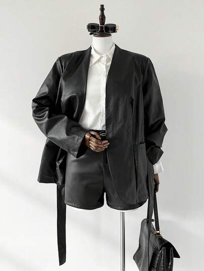 Auralis Plus Size Women's Autumn And Winter Fashion Casual Loose Comfortable Daily PU Leather Black Suit Jacket With Straps,Fall Coats,Winter Clothes,Street Wear