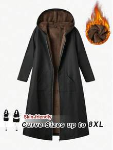 SHEIN CURVE+ Plus Size Front Zipper Long Sleeved Pocket Minimalist Black  Fabric Hooded Jacket, Casual Daily Autumn And Winter Wear, Autumn And Winter Long Jacket - Black - View 7
