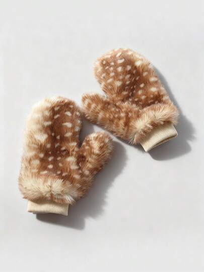 Fairycore 1 Pair Fawn Patterned Plush Gloves, Y2K Animal Print Fingerless Gloves, Warm Thick Touchscreen Gloves For Daily Wear