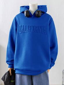 SHEIN Teen Boys' Casual Hooded Sweatshirt, Embossed English Text, Long Sleeve, Autumn, Winter, Sports, Baby Blue, Y2k, Graduation, Back-To-School, Versatile Sweatshirts - Royal Blue - View 3