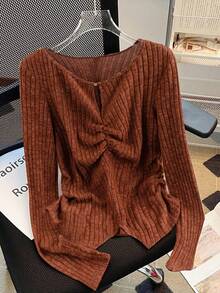 GlowEve CURVE Plus Size Women Casual Versatile Striped Knit Crew Neck Long Sleeve Ruched Waist Slit Top - Brown - View 1