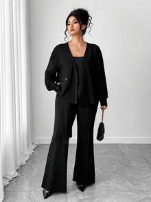 Elenzga Damen elegantes Set mit V-Ausschnitt Langarmoberteil mit Bindegürtel und weiter Hose, 2-teilig - Schwarz - Übersicht 4