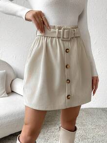 Pariaura Váy chữ A đơn sắc màu kem cạp cao kiểu dáng công sở thanh lịch, thắt lưng túi giấy trơn màu, váy kaki đơn giản, váy công sở thanh lịch, thắt lưng nữ màu kem cạp cao - Màu be - Xem 4