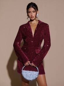 SHEIN BAE 女式纯色长袖束腰优雅连衣裙 - 酒紅色 - 查看 3
