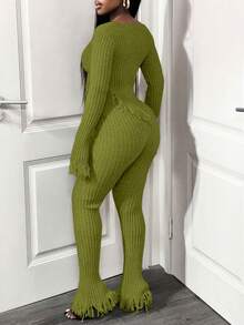 BamGleam 两件套女士秋冬拉链流苏高腰性感针织毛衣套装 - 墨綠色 - 查看 2