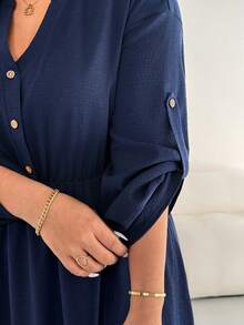 SHEIN Essnce 大码女装秋冬时尚休闲宽松舒适日常深蓝色 V 领长袖腰中长连衣裙带口袋，秋季服装，简约风格，工作服 - 藏蓝色 - 查看 6