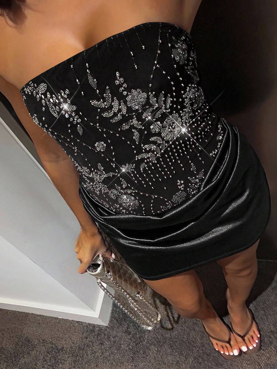 SHEIN Glamour Black Color Off The Shoulder Sleeveless Ruched Mini Glitter Dress,Elevated Elegance Dress,Rave Outfits Festival,Streetwear,Concert Outfit,Club Outfits,Date Night Outfits,Women Birthday Outfits,Autumn And Winter Dress,Party Must Have,Christmas Outfits,Flower Fashion,Shiny Dress,Valentine Dress - Black - View 1