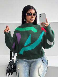 Maweii Plus Size Women Casual Colorblock Crew Neck Sweater, Autumn/Winter - Multicolor - View 7
