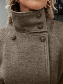 Xyvia Autumn And Winter Women's Casual High-Neck Button Belt Long Woolen Coat, Old Money Style Women's Clothing/Women's Office Wear/Outing Wear, Women's Autumn Clothing - Brown - View 5