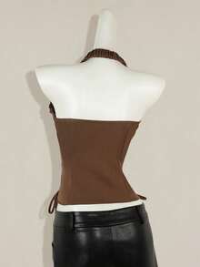 SHEIN ICON 夏季 Y2K V 领外出演唱会女式演唱会黑色哥特性感索环纯色时尚侧交叉带露背背心，夏季 - 棕色 - 查看 2