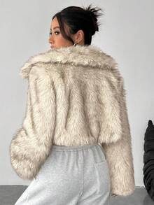 SHEIN PETITE Chaqueta de mujer de piel sintética degradada, estilo corto, cálida y adecuada para otoño e invierno - Albaricoque - Ver 2