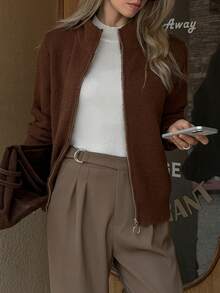 Elyressa Women's Solid Color High Neck Raglan Sleeve Zip-Up Fashionable Knit Cardigan - Brown - View 4