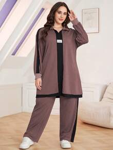 Lacomfia 2pcs Plus Size Casual Color Block Stand Collar Loose Top And Pants Set, Autumn 2 Pieces Set - Dusty Pink - View 6