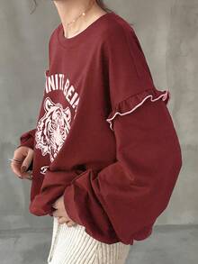 FRIFUL Women's Crew Neck Contrast Color Frill Trim Animal Letter Print Thermal Lined Contrast Color Sweatshirt, Halloween Costume, Autumn - Burgundy - View 3