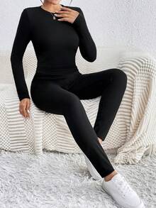 Chiquease Bộ đồ lót giữ nhiệt bằng vải nỉ dày màu trơn 2 món cho nữ (có lót giữ nhiệt), Thu/Đông, Bộ trang phục cho nữ - màu đen - Xem 5