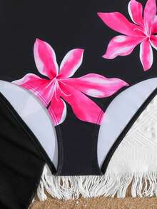 SHEIN Tween Girls Floral Print One-Piece Swimsuit With Tie-Front Skirt Hibiscus Swimsuit Girls Black With Pink Flower Swimsuit Tween Hawaiian Outfit Black One Piece Bathing Suit With Skirt - Black - View 5