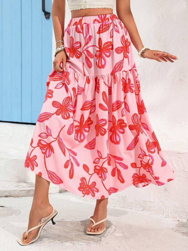 Vivid Eden Women's Elastic Waist Loose Bohemian Print Skirt,Vacation,Summer Outfit For Women, Beach Outfits For Women,Beach Skirt,Pink Skirt,Hand Painted Skirt