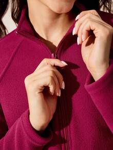 Dewbera Áo khoác thể thao cổ đứng màu trơn thường ngày, Thu/Đông - Màu Đỏ Sâu - Xem 6