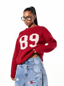 SUMWON WOMEN 秋冬休闲装超大针织圆领数字印花毛衣 - 紅色 - 查看 4