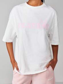Missguided x Playboy 经典图案印花超大 T 恤夏季休闲街头装舒适剪裁圆领侧开衩棉混纺宽松剪裁柔软家居服 - 白色 - 查看 2