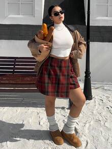 Dazy Plus 大码女式格子红色圣诞休闲迷你裙配短裤 - 紅色 - 查看 6