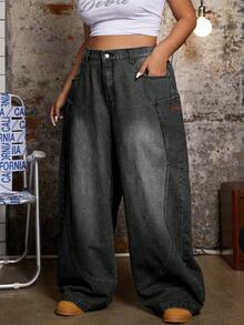SHEIN ICON Plus Size Casual Distressed Washed Wide Leg Boyfriend Jeans - Grey - View 6