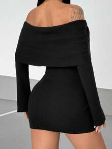 SHEIN Unity Autumn/Winter New Black Off-Shoulder Sexy & Elegant Italian Lady Style Commuter Modern Street Short Knit Dress - Black - View 2
