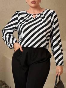 Plus Size Fashionable Commuter Contrast Stripe Shirt Elegant Blouses For Women  Stylish Women's Blouses - Black and White - View 1